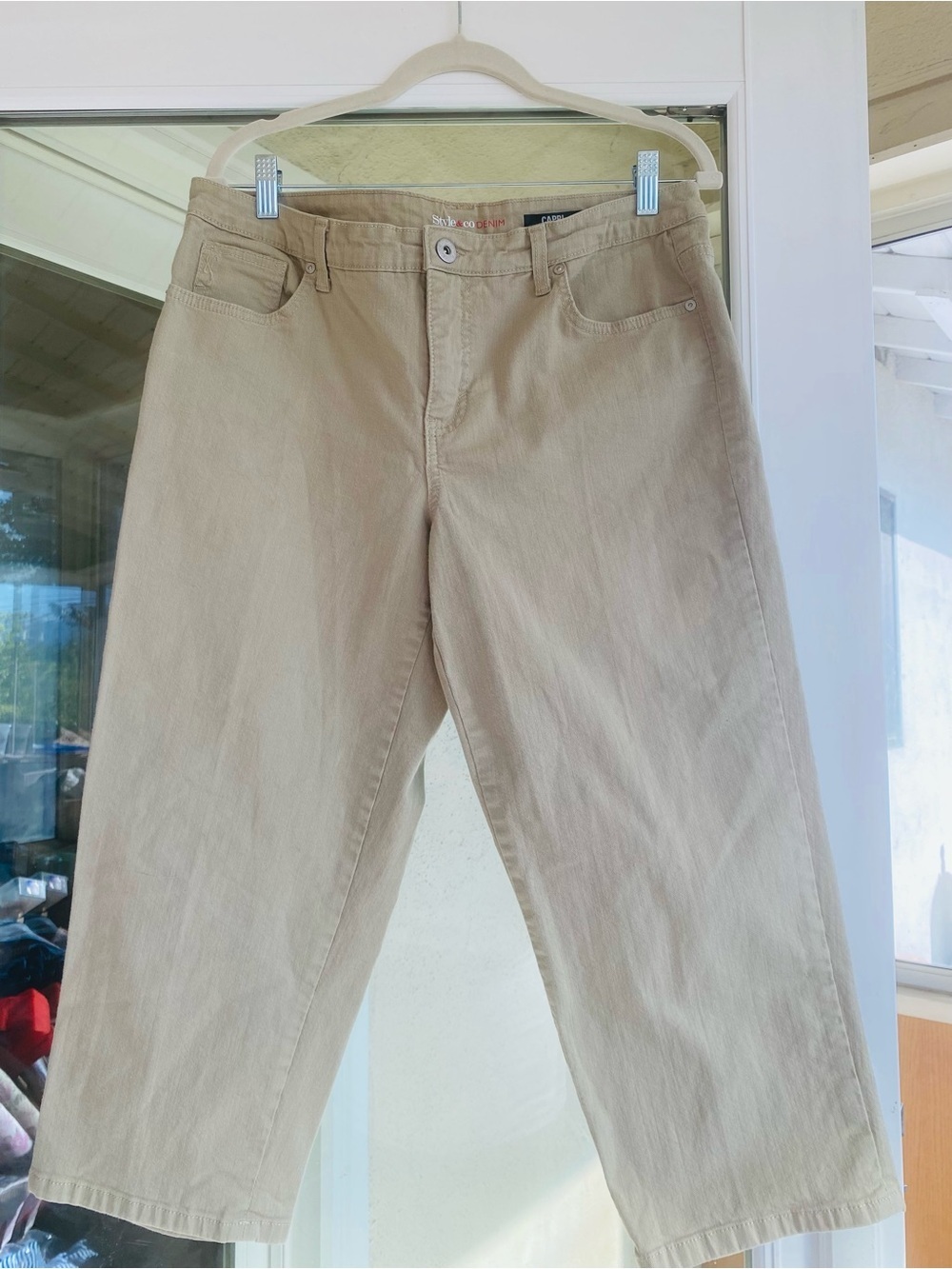 Style & Co Denim Khaki Capri Cropped Pants Sz 14 Stretch Cotton Mid Rise Casual